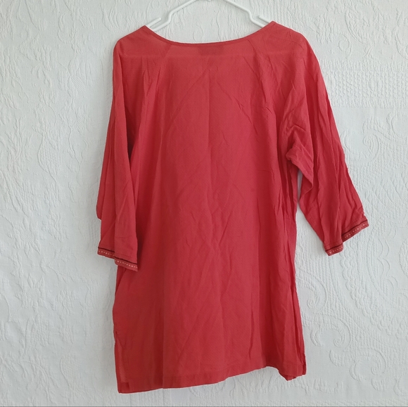 Dana Buchman Red Embroidered Long Tunic Shirt Boho Hippie Coral Cream Light XL - Picture 10 of 12
